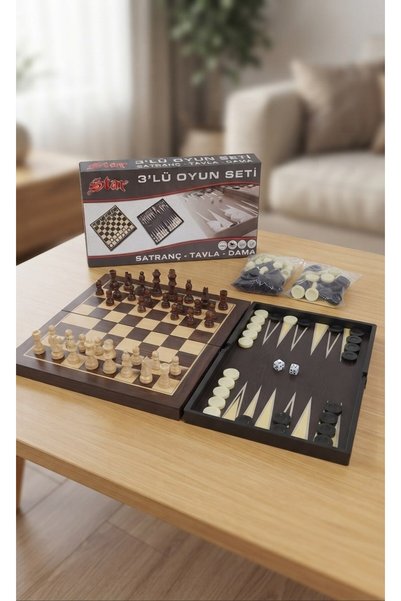 C&On Design 3-in-1 Game Set 31X31 cm - Chess, Backgammon and Checkers Set (Foldable Plastic / Wood Look Intelligence Game)