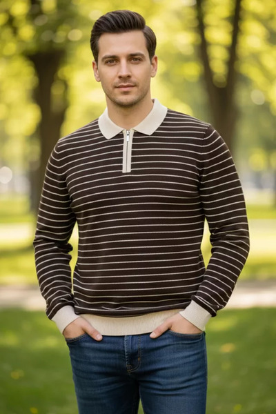 TOZLU Men's Polo Collar Half Zipper Striped Patterned Knitwear Sweater