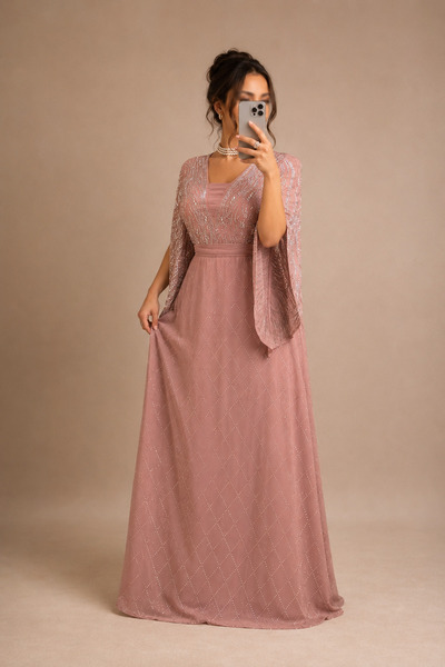 Generic Luxury Cape Sleeves Crystal Beaded Evening Dress