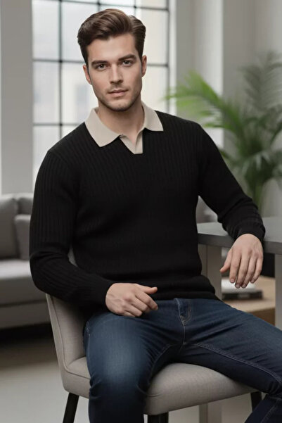 TOZLU Pulover tricotat pentru bărbați, cu guler polo și model propriu