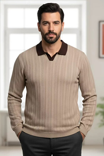 TOZLU Pulover tricotat pentru bărbați, cu guler polo și model propriu
