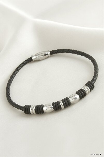 ZERO LAND Spt-Gld Magnet Leather Steel (184759) Bracelet Black