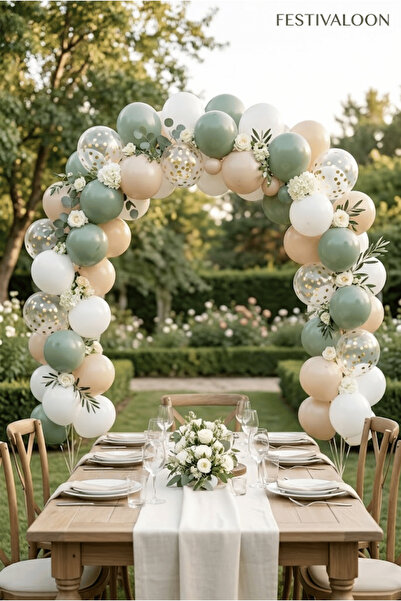 FESTİVALOON Set of 20 Eucalyptus Sea Sand Beige White Transparent Balloons wi...