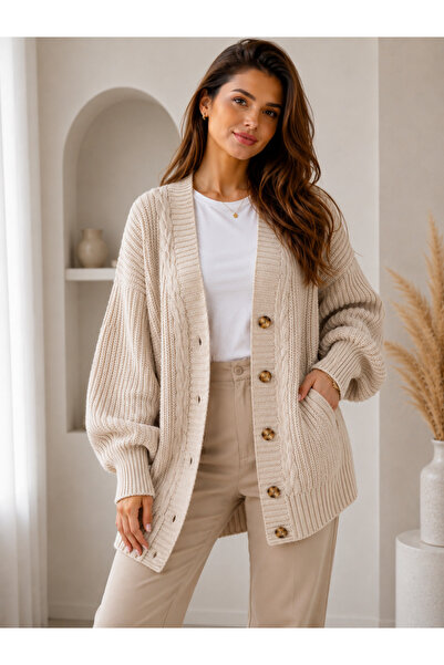 KAREL BUTİK Beige Knitted Patterned Buttoned Long Women's Cardigan