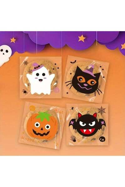 Generic 100pcs Cute Cartoon Halloween Pumpkin Ghost Bat Cat Print Self-adhesi...