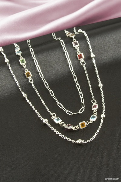 ZERO LAND Spt-Gld Square Crystal Stone Triple Necklace (185705) Silver Color