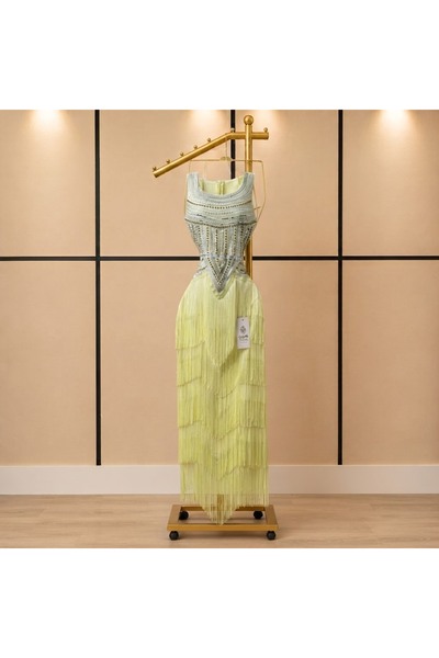 GORI FASHION فستان سهرة مزين بالهدب تطريز يدوي بالون اليموني