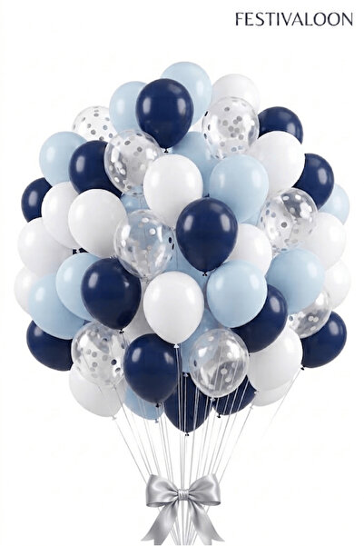 FESTİVALOON Mavi Balon Konsepti 20’li Lacivert Makaron Mavi Beyaz Şeffaf Balo...