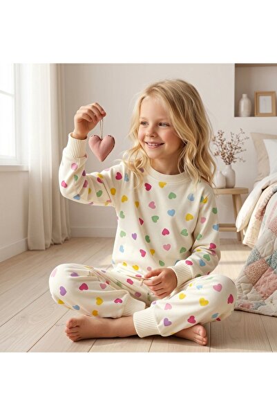 ROSAMİNA Girl's 100% Cotton Cream Heart Pattern Pajama Set