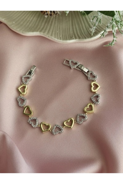 Glamluxe Gold & Silver Two Color Zircon Stone Detailed Heart Bracelet