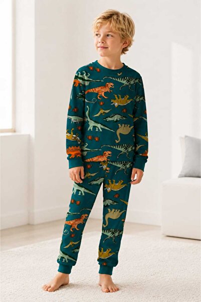 ROSAMİNA Boy's 100% Cotton Oil Dinosaur Pattern Pajama Set