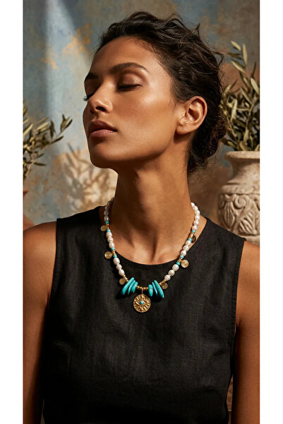 Dorvina Natural Stone Women's Necklace Real Pearl Turquoise Stone Gold Eye Pe...