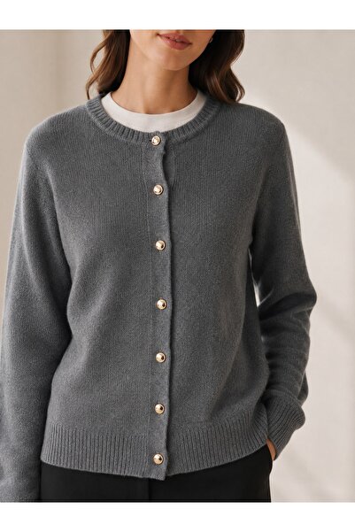 CuteLovesa Crew Neck Gold Button Detailed Basic Women's Knitwear Cardigan