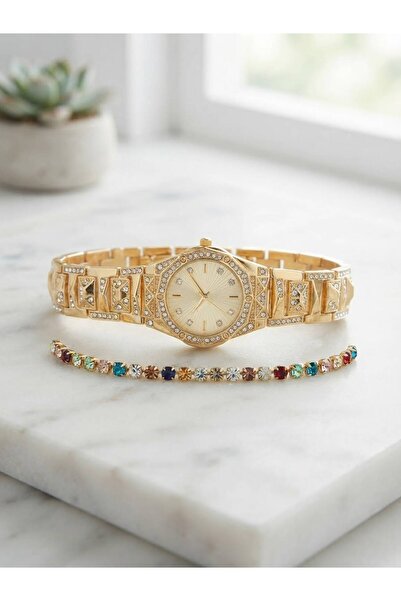 Feronnucci Women's Steel Wristwatch Gold Color Stone-Studded Bracelet Gift St...