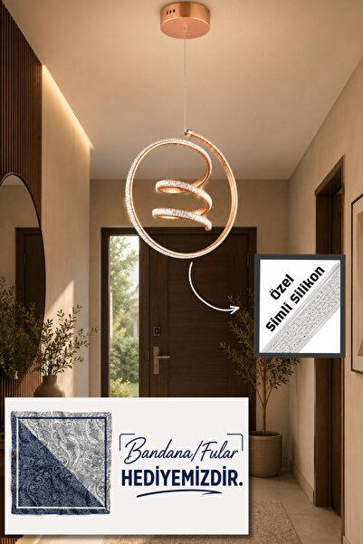 Modern Halka Spiral Rose Gold Simli Led Sarkıt Avize 3 Renk Işık Dekoratif Salon Avizesi