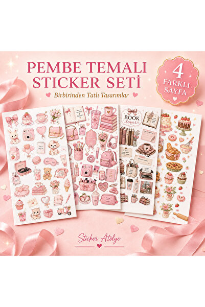 StickerAtölye Pembe Renk Temalı Sticker Seti – 4 Sayfa Sevimli Dekoratif Sticker