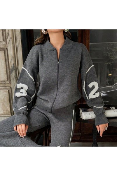 ZERELLE COLLECTİON Women's Sports Knitwear Tracksuit Set Gray Zippered Top Wide Leg Bottom Pants Set