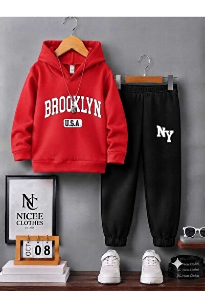 NC Nicee Clothes Children's Unisex Tracksuit Set (White Broklyn Printed Winter)