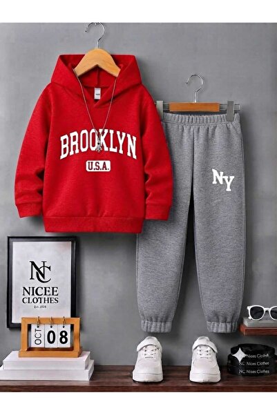 NC Nicee Clothes Children's Unisex Tracksuit Set (White Broklyn Printed Winter)
