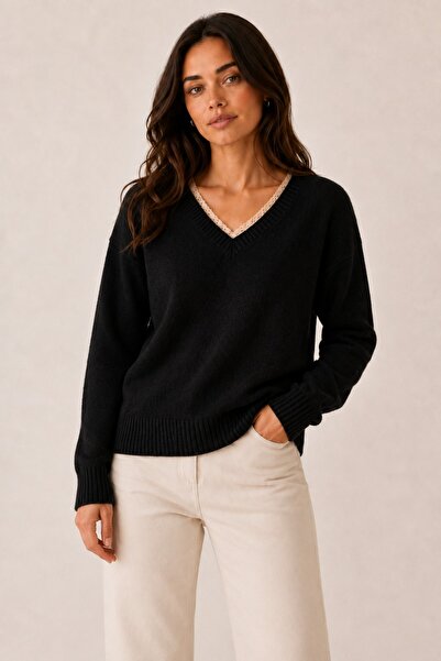 CuteLovesa Lace Ribbon Detailed V-Neck Long Sleeve Loose Knitwear Women's Swe...