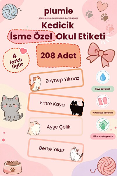 Plumie Kedi Temalı Okul Etiketi – Kişiye Özel İsim Etiketi, Sevimli Kedi Figü...