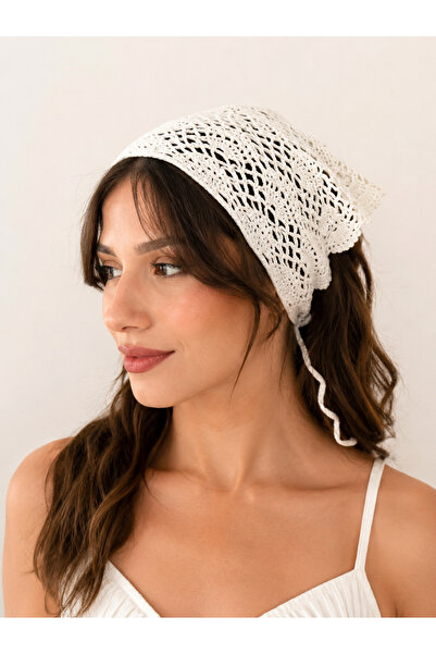NEHOLİA Women's Hand Knitted Crochet Triangle Bandana White Lace Hair Accesso...