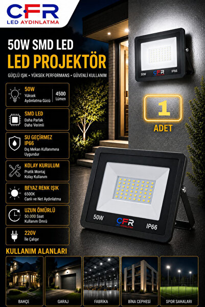 CFR LED AYDINLATMA 50W 4.500 Lümen 6500k Beyaz Işık Siyah Kasa Led Projektör ...