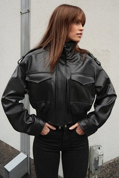 gm giyimarket New Season Premium Women's Zra Oversize Stand Collar Epaulet Cr...