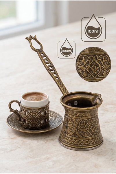 Mijja 100 ml Traditional Embossed Cast Iron Coffee Pot Induction Compatible 1-2 Person Turkish Coffee Pot