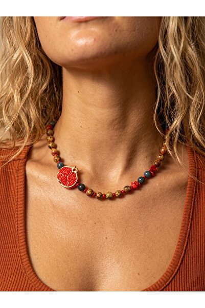 ILSA Natural Stone Fruit Necklace with Pomegranate Figure