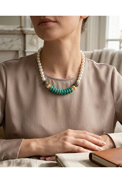 Dorvina Natural Stone Women's Necklace Glass Pearl Turquoise Stone Steel Gold...
