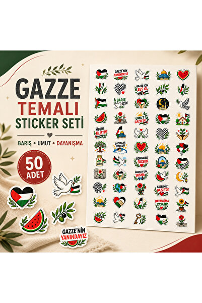 StickerAtölye Gazze Temalı Dayanışma Sticker Seti 50 Adet – Filistin, Barış v...