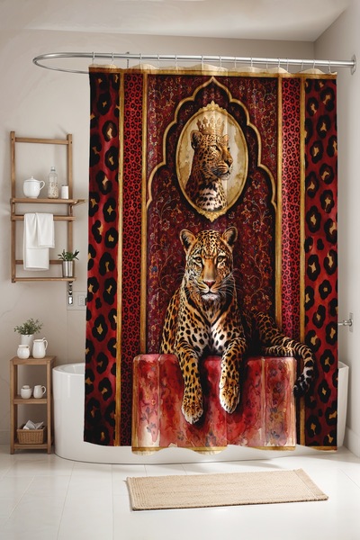 EVPANYA Bathroom Curtain, Red King Leopard Pattern Shower Curtain, Bathtub Cu...