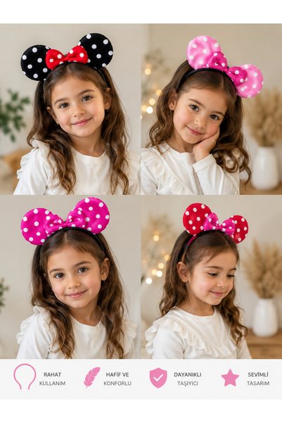 BUCHE Kız Çocuk Benekli Fiyonk Detaylı Minnie Kulak Taç – Renkli Peluş Saç Ak...