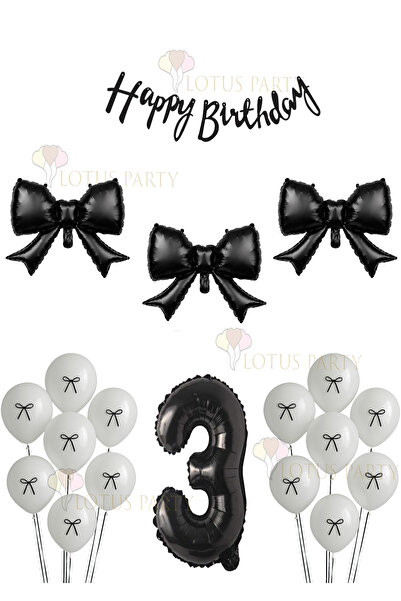 LOTUS PARTY Black Bow Balloon - Black Banner - Black Number - White Balloon -...