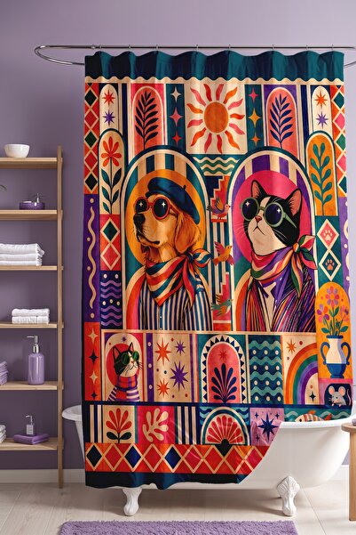EVPANYA Bathroom Curtain, Artistic Dog and Cat Pattern Shower Curtain, Bathtu...