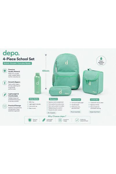 Depo 4-Piece School Set – 44 cm Mint Green Backpack with Insulated Lunch Box, Matching Pencil Case & BPA-Free Water Bottle