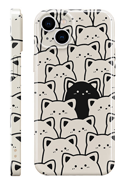 WANNA PROTECT iPhone 13 Siyah Kedi Protect Slim Parlak Tam Kaplayan Baskı Kam...