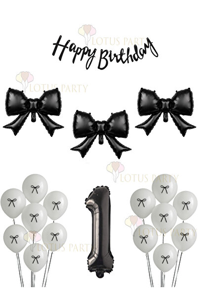 LOTUS PARTY Black Bow Balloon - Black Banner - Black Number - White Balloon -...