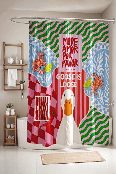 EVPANYA Bathroom Curtain, Shower Curtain with Crab and Goose Patterns, Bathtu...