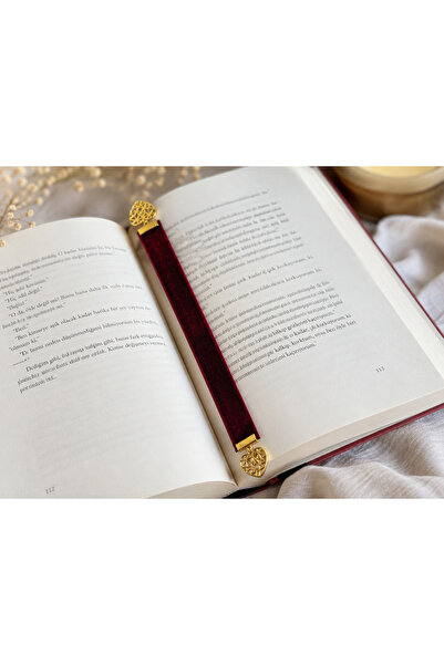 Hanori Accessory Bordo Kadife Kurdele Kitap Ayracı – Altın Renk Kalp Detaylı
