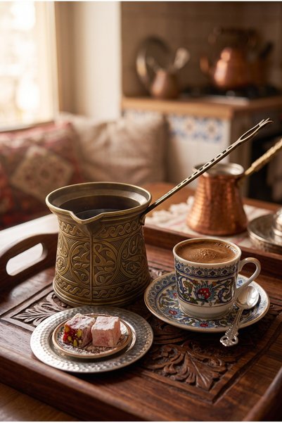 Mijja 300 ml Traditional Embossed Cast Steel Induction Compatible Large Size Turkish Coffee Pot for 4-5 People