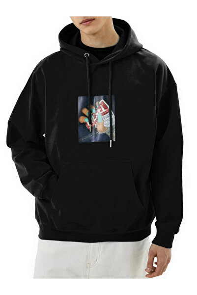 Genel Markalar Siyah Oversize Dijital Baskılı Kanguru Cepli Kapüşonlu Sweatshirt