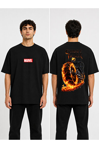 NUATEX Marvel Ghost Rider Baskılı Oversize Rahat Kalıp Bisiklet Yaka Tişört Y...