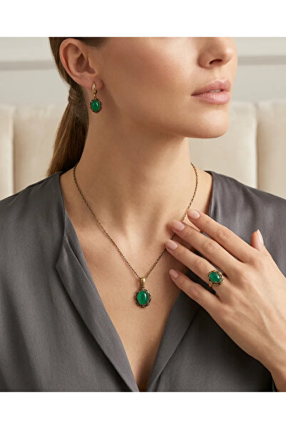 Dorvina Bronze Women Copper Women Jewelry Set Green Chalcedony Vintage Neckla...