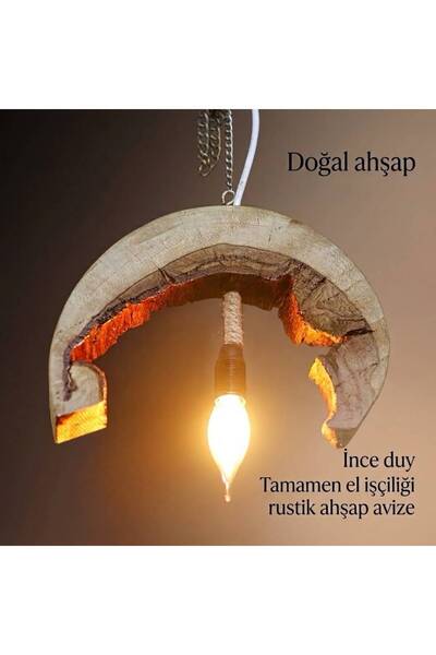 Doğal Ahşap Zincirli Avize - Rustik Sarkıt Halatlı Ve Avize Lambalı Aydınlatma