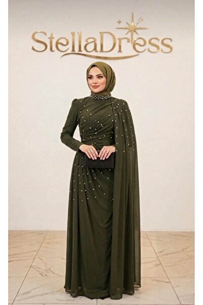 Butik Taş Detaylı Pelerinli Abiye Haki