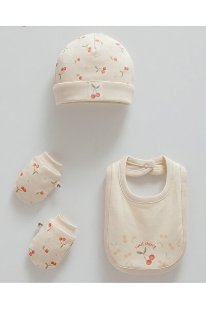 phokaia Caramell 100% Cotton Premium Cherry Baby Girl Beanie & Bib Set with G...