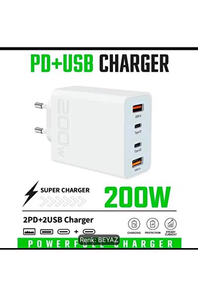 200W Süper Hızlı Şarj Adaptörü 4 Port 2 USB + 2 PD (Type-C) Çoklu Cihaz Uyumlu Şarj Başlığı Hızlı Şarj Aleti