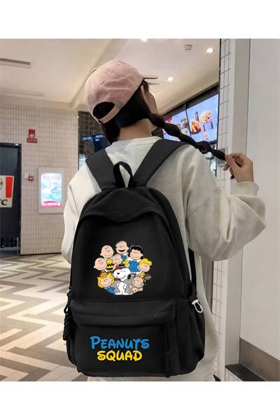 Minga London Black Peanuts Squad Printed School, Class, Course Backpack